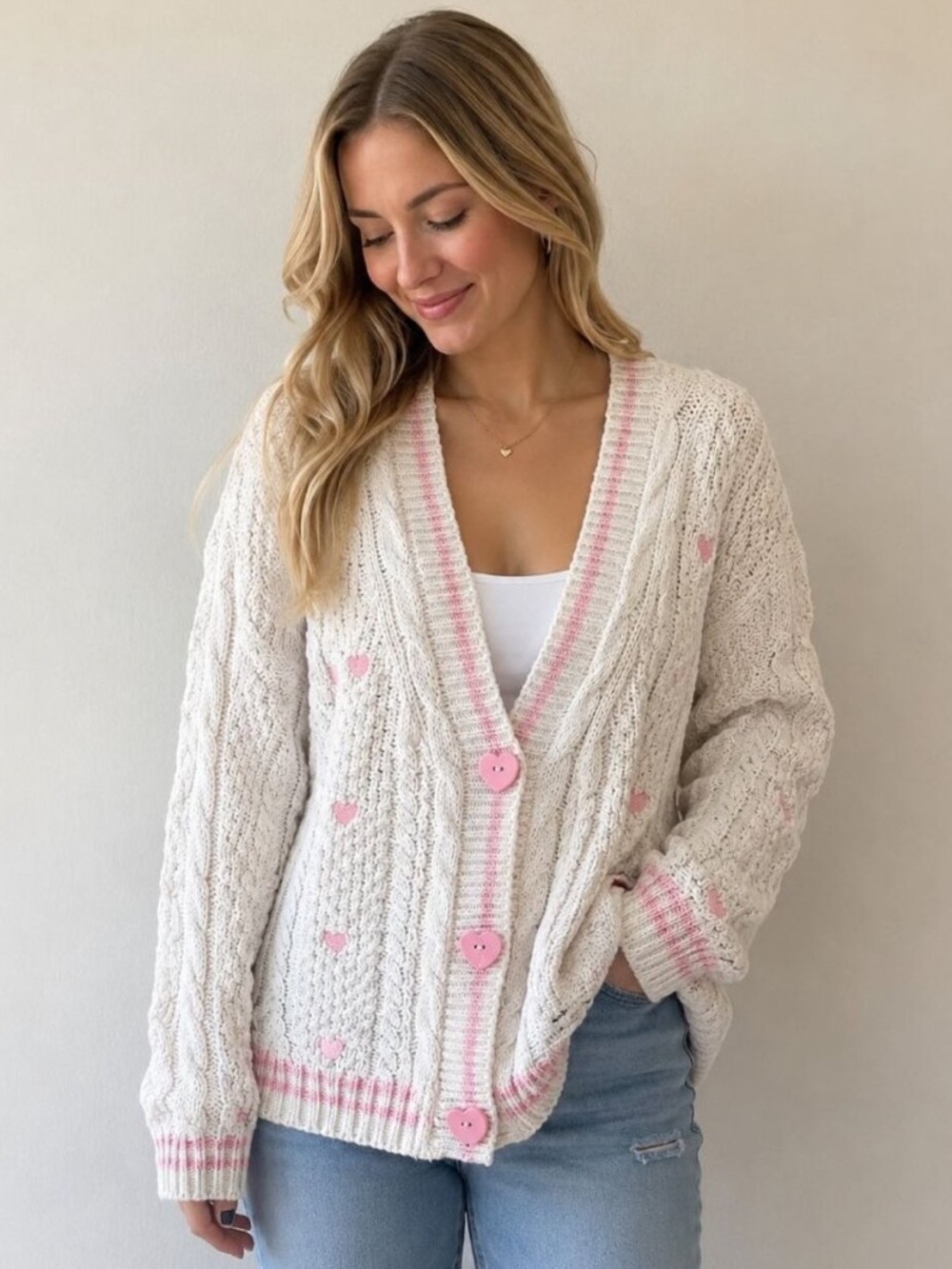 Taylor Swift Lover Cardigan Cream Pink Heart Cable Knit Sweater Size XL/2XL